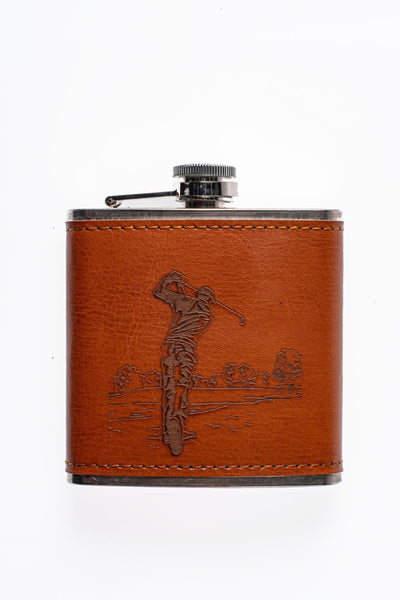 Engraved Leather Hip Flask - Golfer