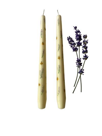 A Pair of Hand-Painted Lavender and Bee Candles