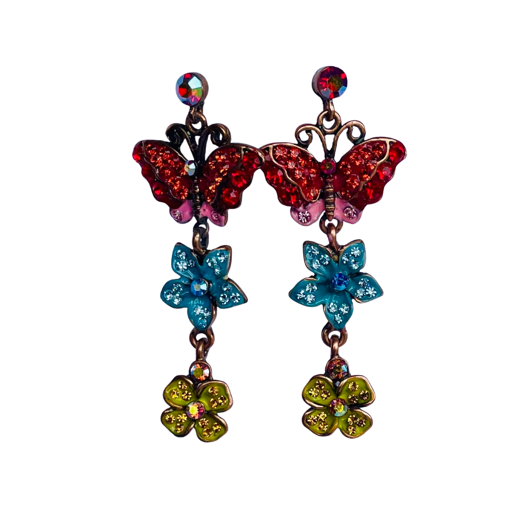 Vintage Butler & Wilson Crystal Butterfly and Flower Drop Stud Earrings