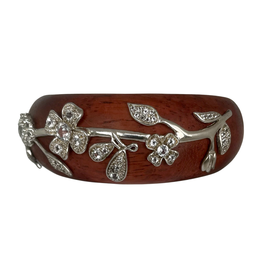 A Vintage Wooden Cuff Bracelet with Colourless Sapphires