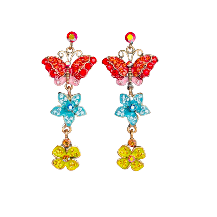 Vintage Butler & Wilson Crystal Butterfly and Flower Drop Stud Earrings