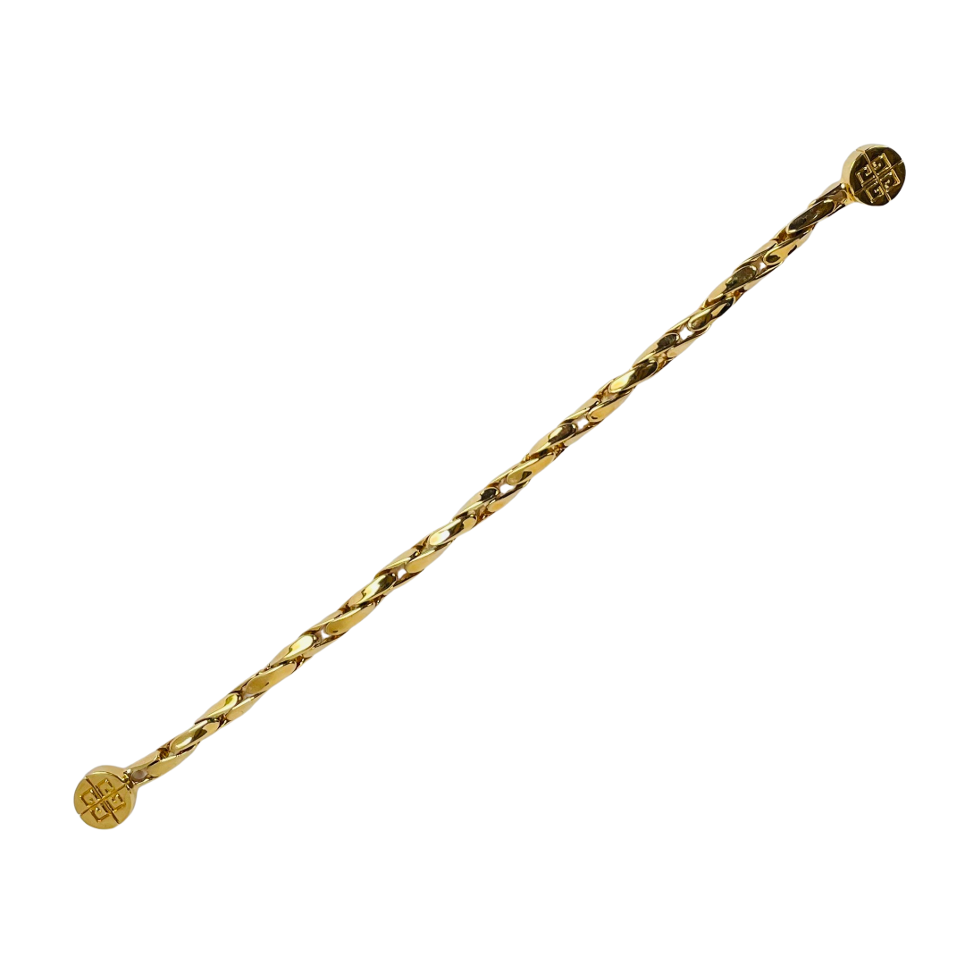 Gold-tone vintage Givenchy chain bracelet from the 1980s, featuring polished interlocking links and a round magnetic clasp engraved with the iconic 4G logo shown diagonally on a white background.