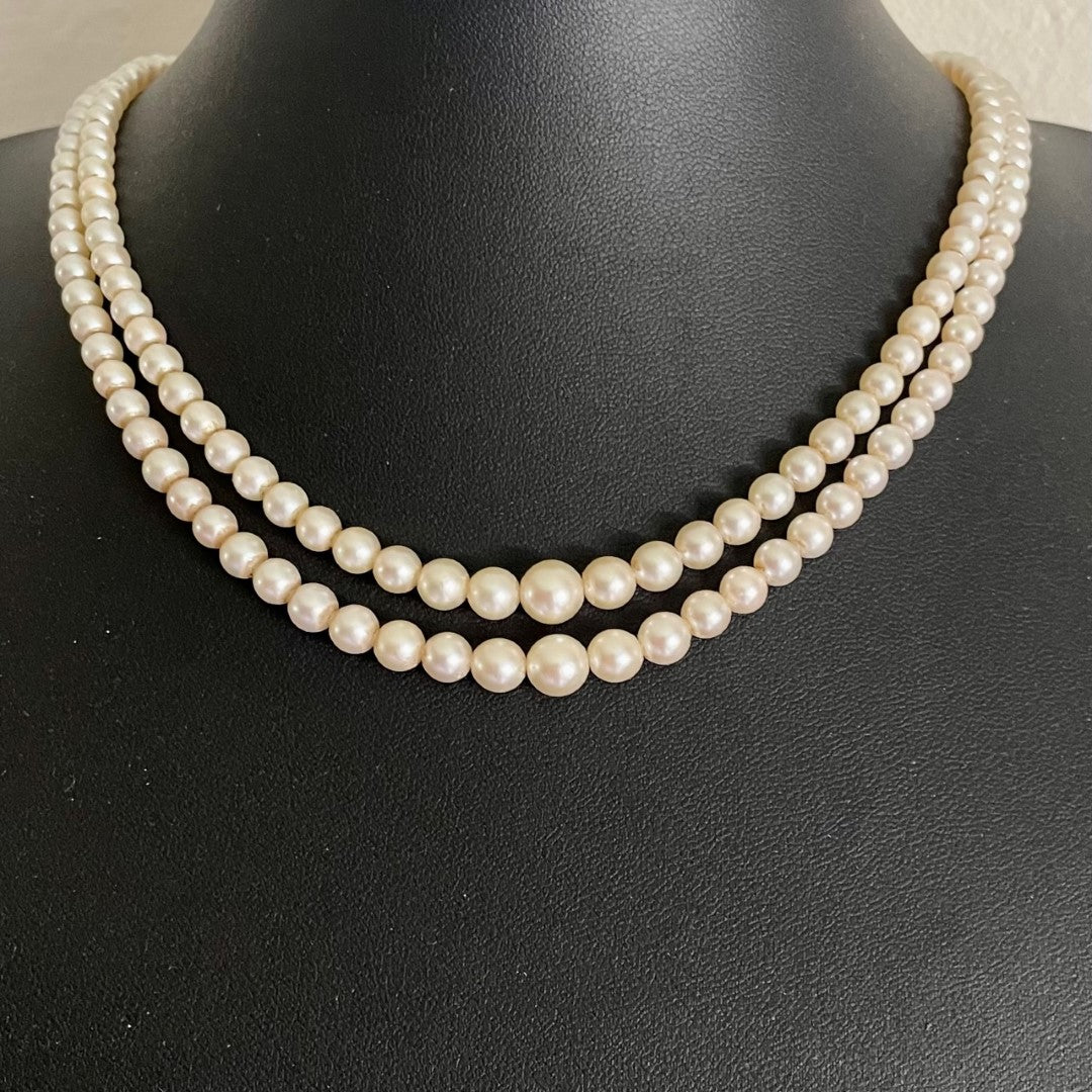 Vintage Double Strand Pearl Necklace with Art Deco Style Clasp