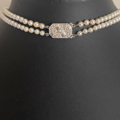 Vintage Double Strand Pearl Necklace with Art Deco Style Clasp