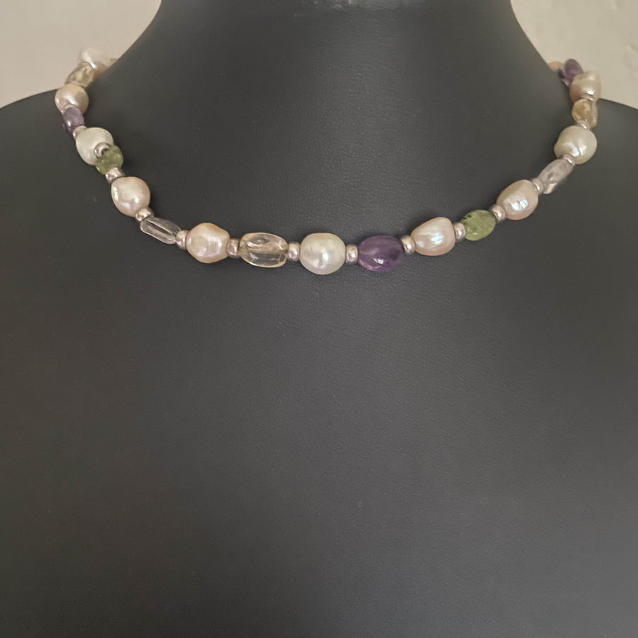 Vintage Baroque Pearl, Amethyst and Citrine Necklace, Circa 1950s-60s