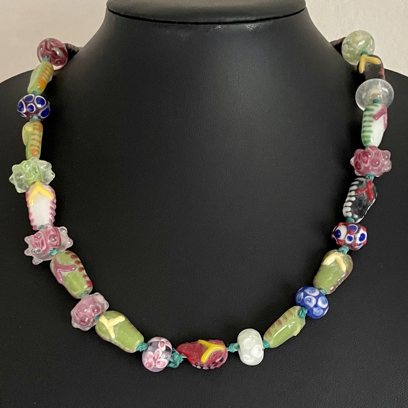 Antique Venetian Glass Trade Bead Long Necklace - Millefiori, Wedding Cake & Chevron