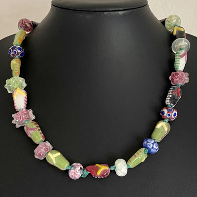 Antique Venetian Glass Trade Bead Long Necklace - Millefiori, Wedding Cake & Chevron