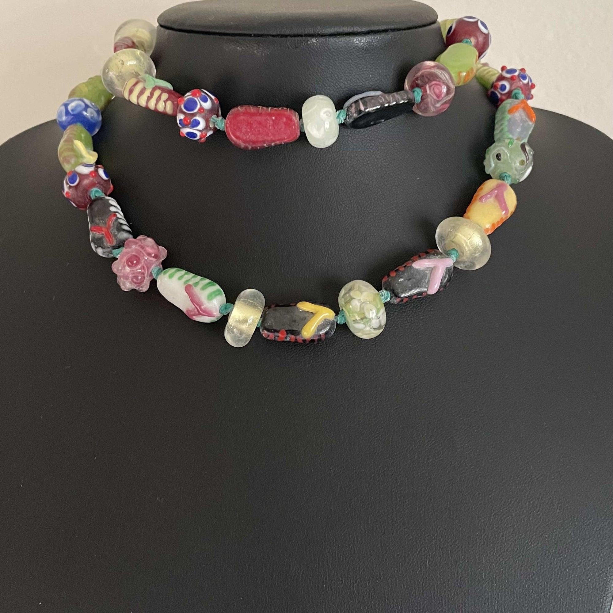 Antique Venetian Glass Trade Bead Long Necklace - Millefiori, Wedding Cake & Chevron