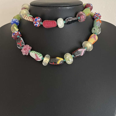 Antique Venetian Glass Trade Bead Long Necklace - Millefiori, Wedding Cake & Chevron