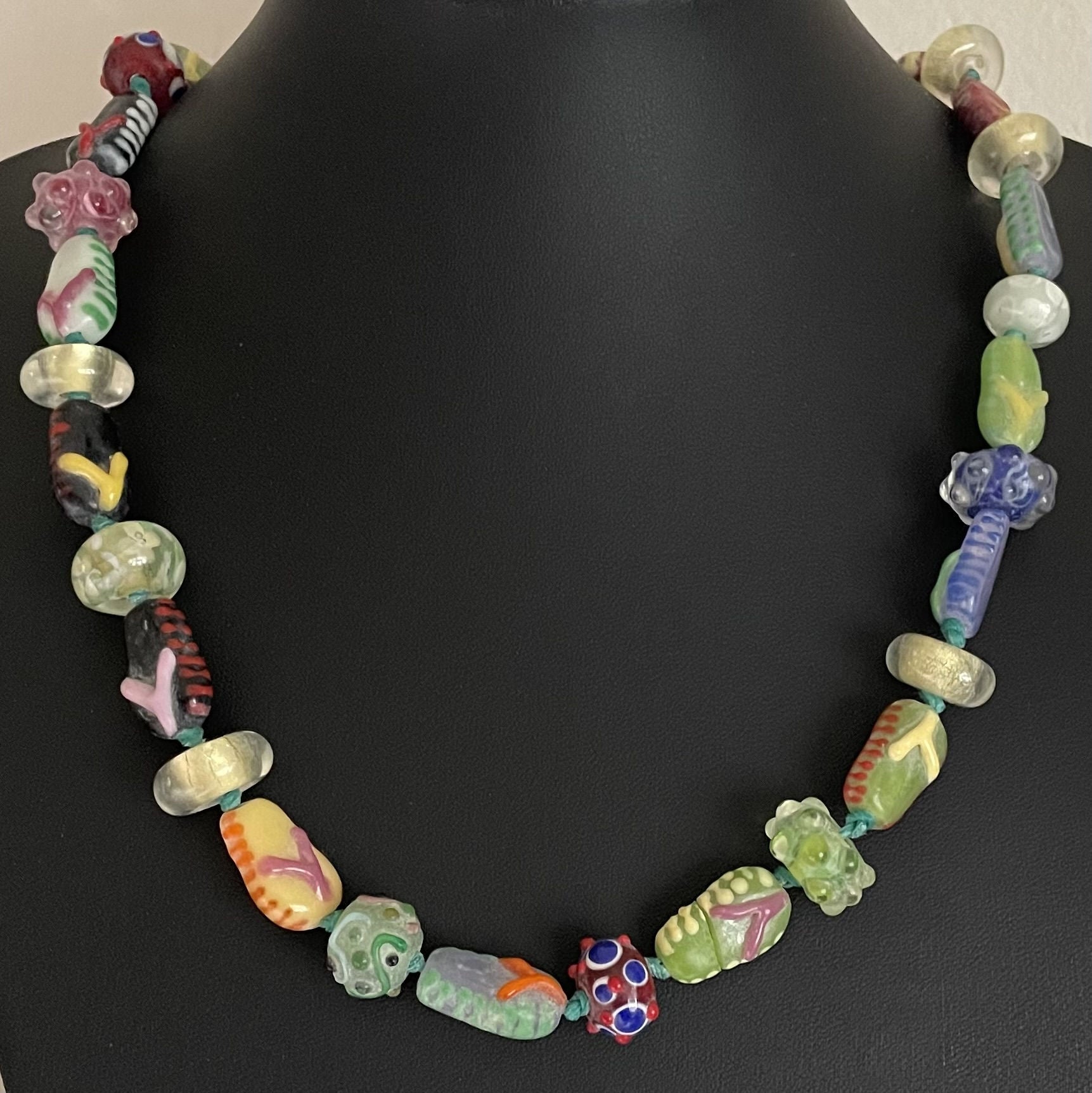 Antique Venetian Glass Trade Bead Long Necklace - Millefiori, Wedding Cake & Chevron