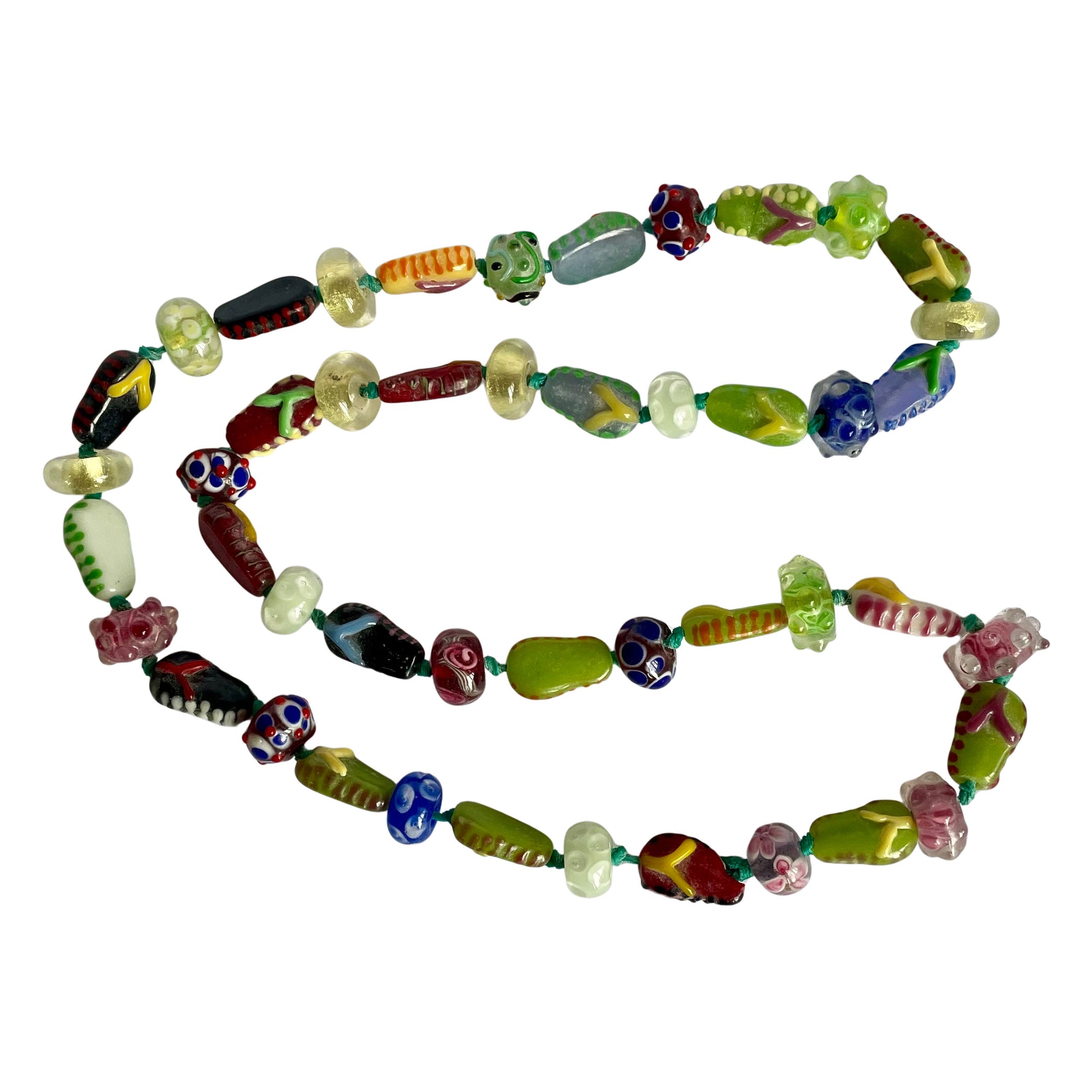 Antique Venetian Glass Trade Bead Long Necklace - Millefiori, Wedding Cake & Chevron