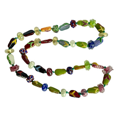 Antique Venetian Glass Trade Bead Long Necklace - Millefiori, Wedding Cake & Chevron