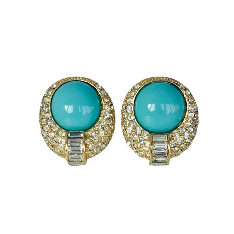 Vintage Christian Dior Faux Turquoise and Crystal Earrings
