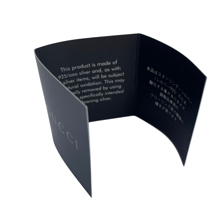 Gucci jewelry card with text on a white background