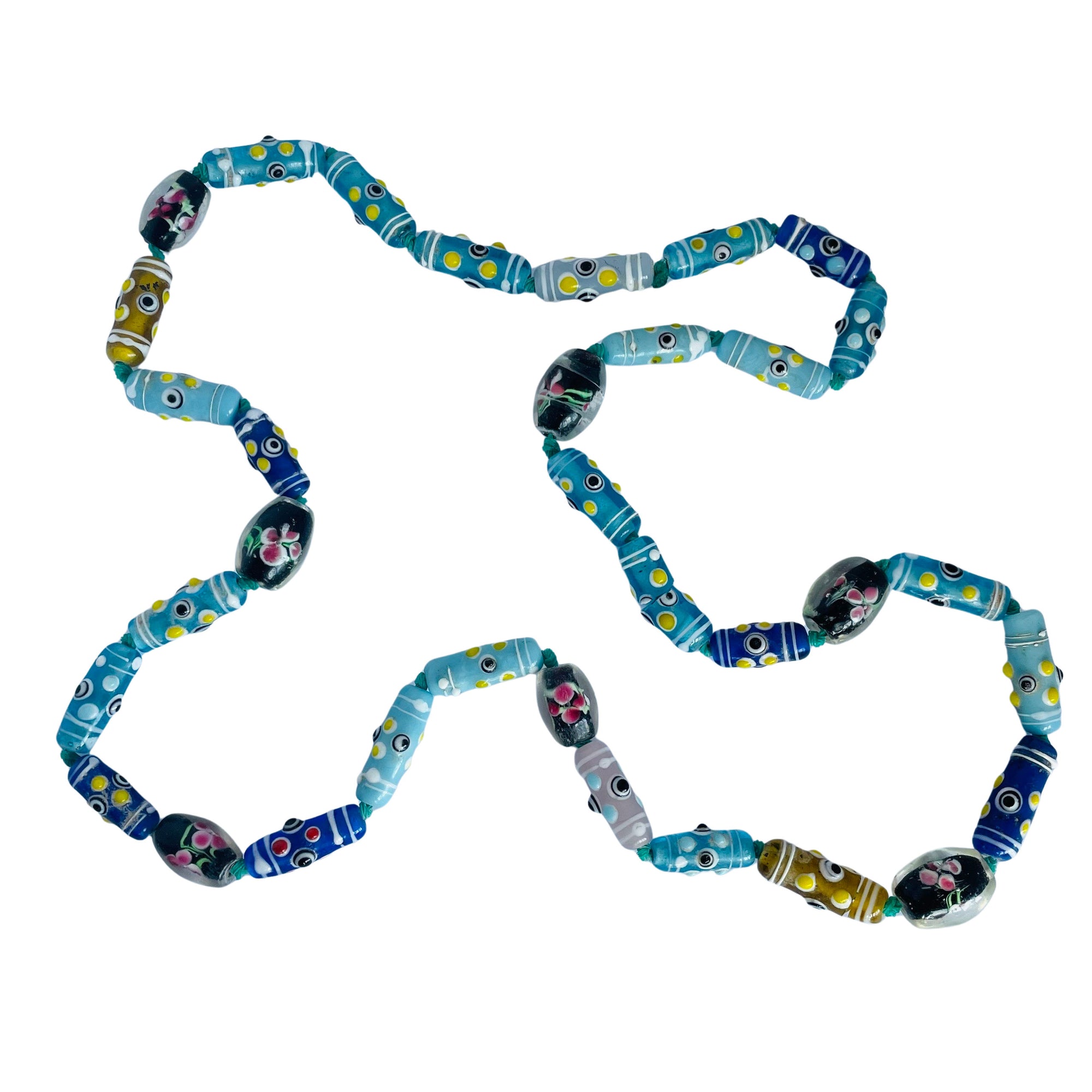 Antique Venetian glass African trade bead necklace in turquoise and blue with eye beads, wedding cake beads and encased floral lampwork beads