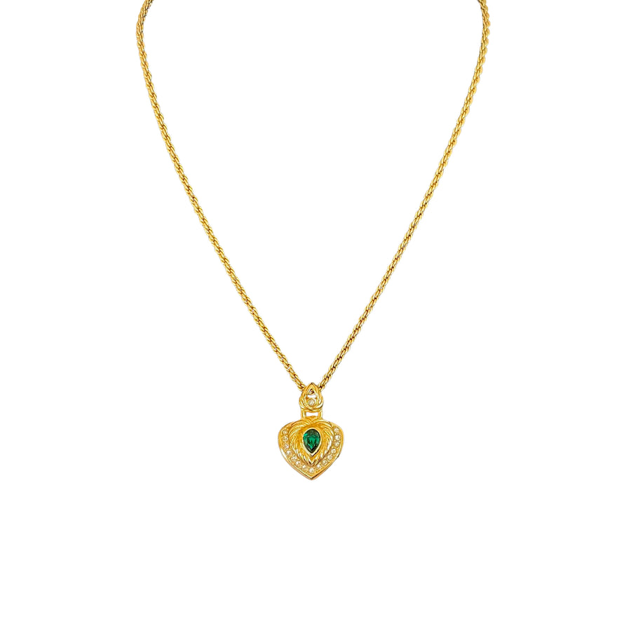 Vintage Dior Gold heart-shaped necklace; pendant with emerald green crystal