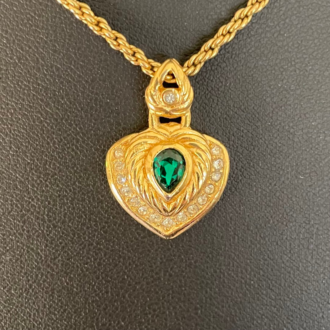 Vintage Dior Gold heart-shaped pendant with emerald green crystal