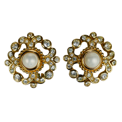 Vintage Christian Dior Pearl and Crystal Clip Earrings with Maker's Box, 1980s