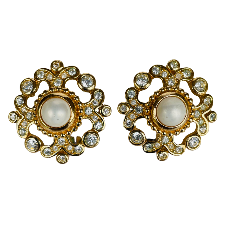 Vintage Christian Dior Pearl and Crystal Clip Earrings with Maker's Box, 1980s