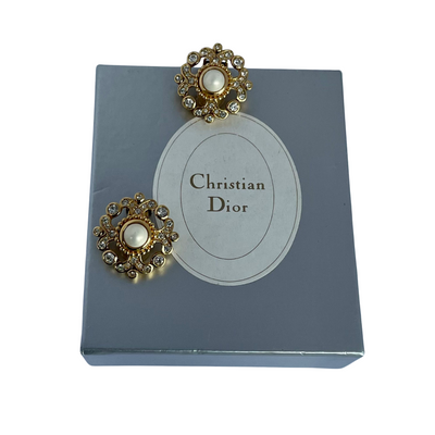 Vintage Christian Dior Pearl and Crystal Clip Earrings with Maker's Box, 1980s