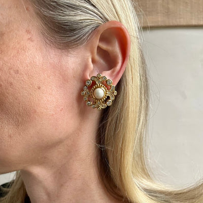 Vintage Christian Dior Pearl and Crystal Clip Earrings with Maker's Box, 1980s
