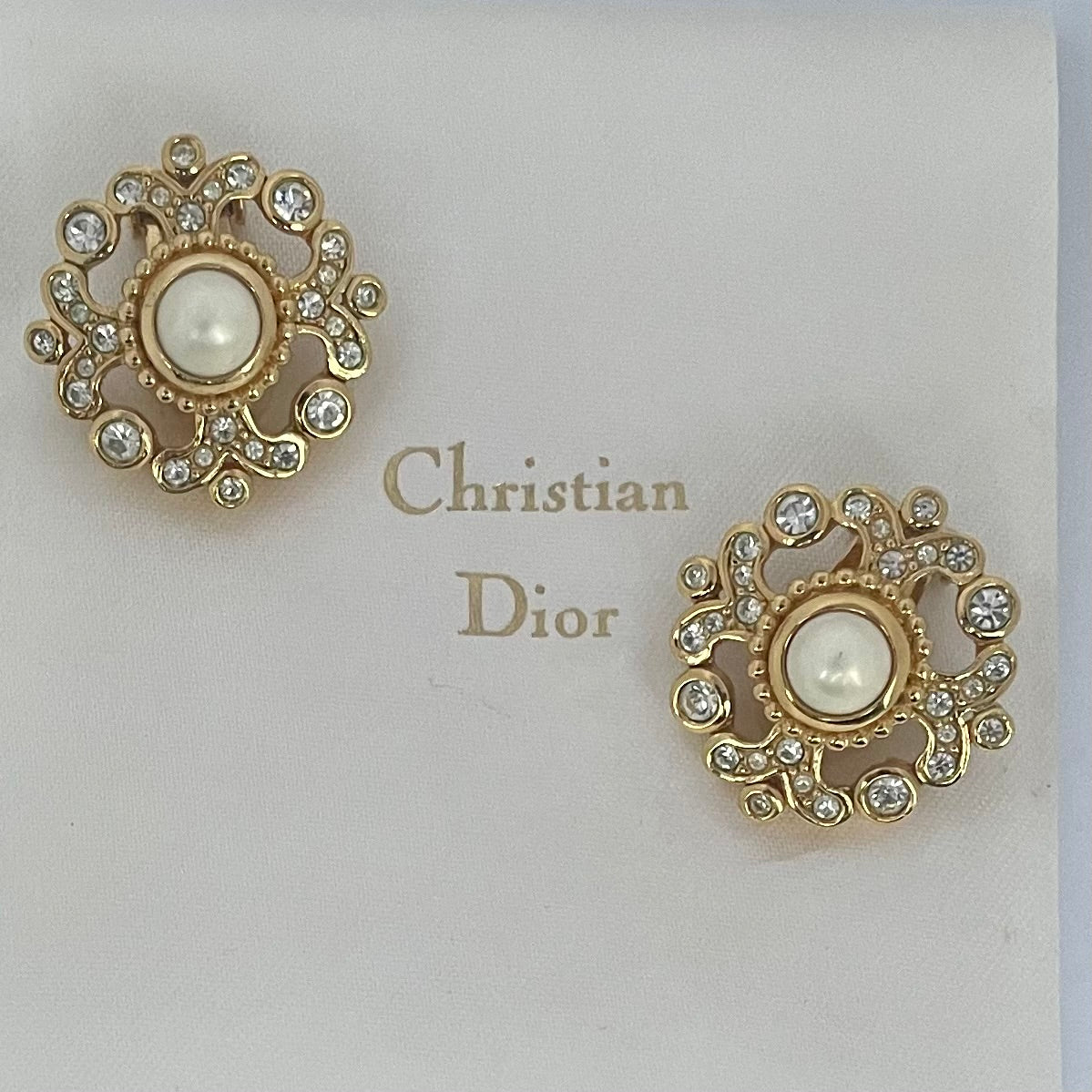 Vintage Christian Dior Pearl and Crystal Clip Earrings with Maker's Box, 1980s