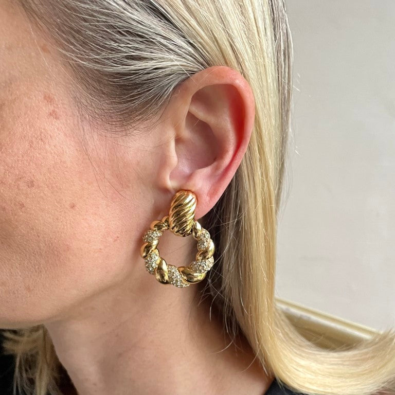 Vintage Christian Dior Gold-Plated Crystal Door Knocker Clip-On Earrings, 1980s