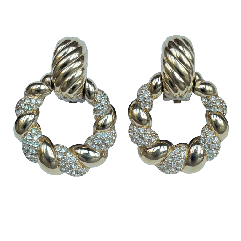 Vintage Christian Dior Gold-Plated Crystal Door Knocker Clip-On Earrings, 1980s