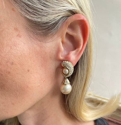 Vintage Grossé (Dior) Gold-Plated Pearl Drop Clip Earrings, 1980s