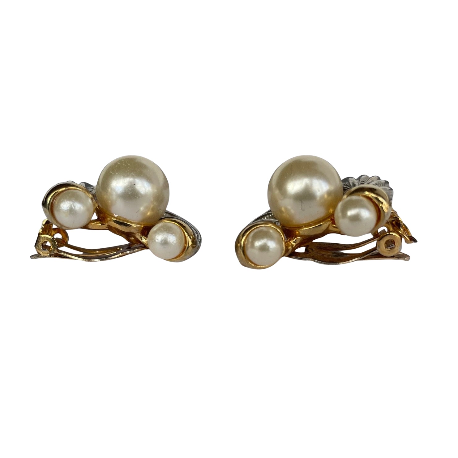 Vintage 1980s "Nautilus" Two-Tone Faux Pearl Statement Clip-On Earrings