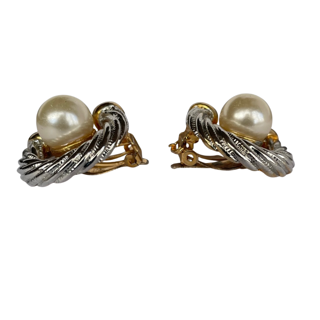 Vintage 1980s "Nautilus" Two-Tone Faux Pearl Statement Clip-On Earrings