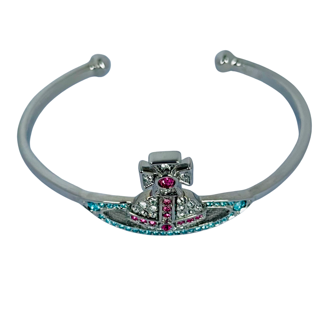 Vivienne Westwood Silver Tone Orb Bangle, Pink and Aqua Crystals