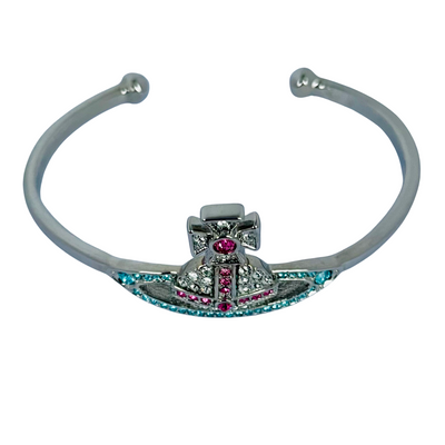 Vivienne Westwood Silver Tone Orb Bangle, Pink and Aqua Crystals