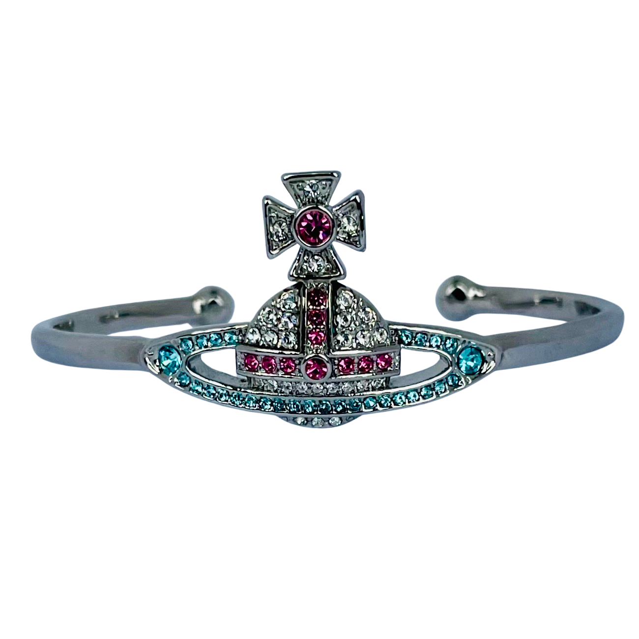 Vivienne Westwood Silver Tone Orb Bangle, Pink and Aqua Crystals