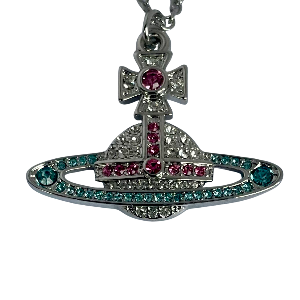 Vivienne Westwood Silver Tone Orb Pendant Necklace, Pink and Aqua Crystals