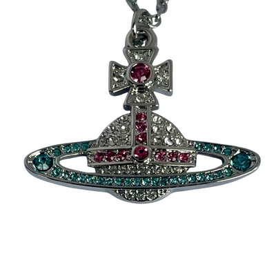 Vivienne Westwood Silver Tone Orb Pendant Necklace, Pink and Aqua Crystals