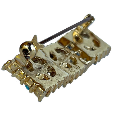 Vintage Signed Sphinx 9540 Turquoise & Pearl Gold-Tone Bar Brooch
