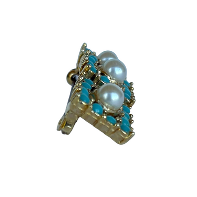 Vintage Signed Sphinx 9540 Turquoise & Pearl Gold-Tone Bar Brooch
