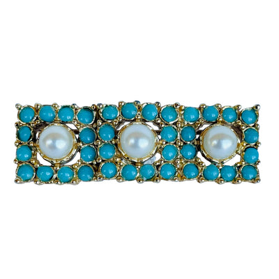 Vintage Signed Sphinx 9540 Turquoise & Pearl Gold-Tone Bar Brooch