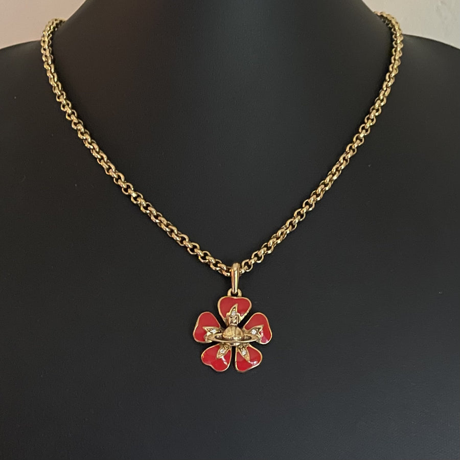Vivienne Westwood Red Enamel Flower Pendant Necklace with Orb