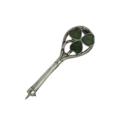 Antique 1916 sterling silver tennis racket brooch with Connemara greeb marble shamrock.