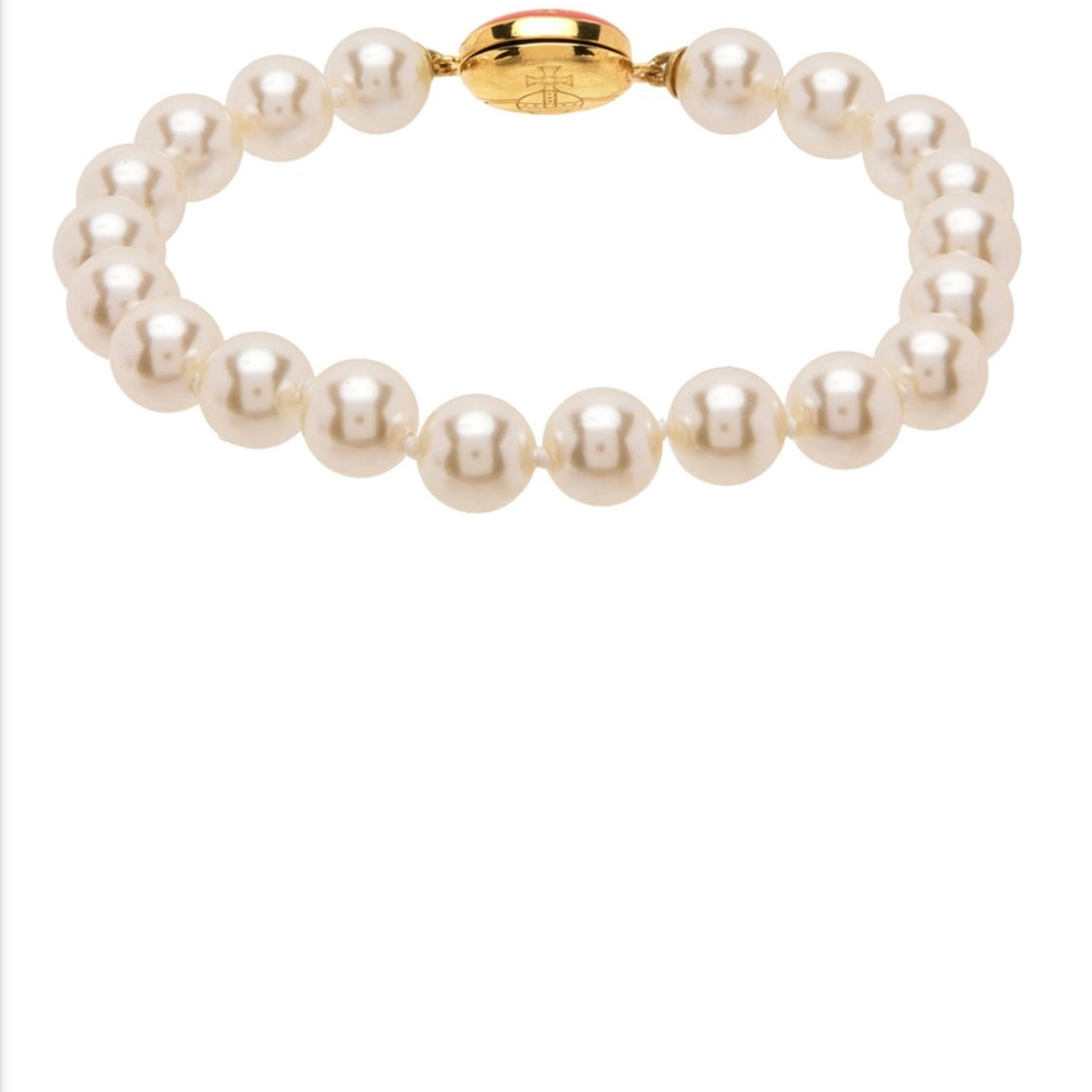 reverse if  Vivienne Westwood Loelia pearl bracelet with a gold clasp on a white background