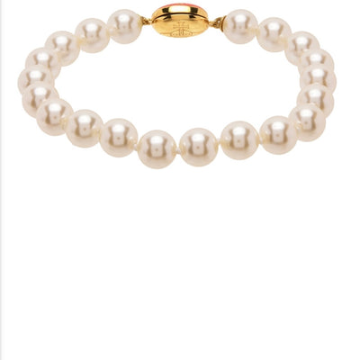 reverse if  Vivienne Westwood Loelia pearl bracelet with a gold clasp on a white background