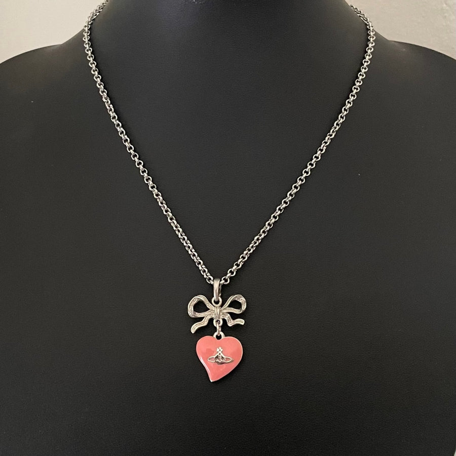 Vivienne Westwood Pink Heart and Bow Silver-Tone Necklace