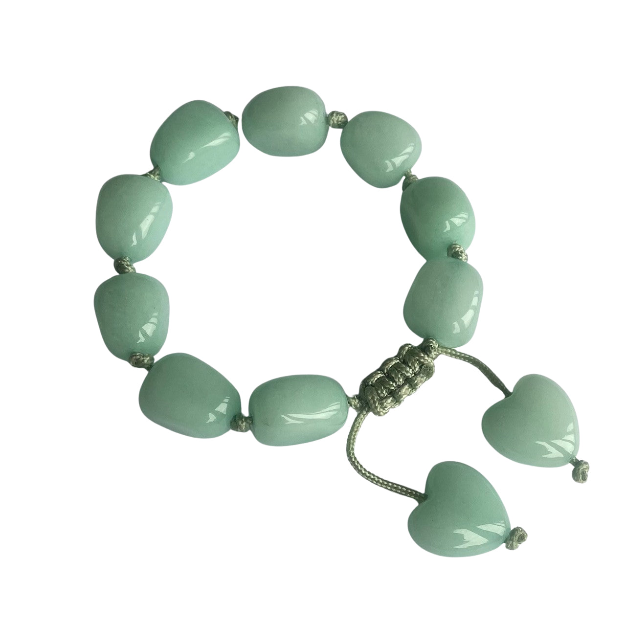 Lola Rose aqua jade green quartzite gemstone adjustable bracelet with dangling heart charms on a white background