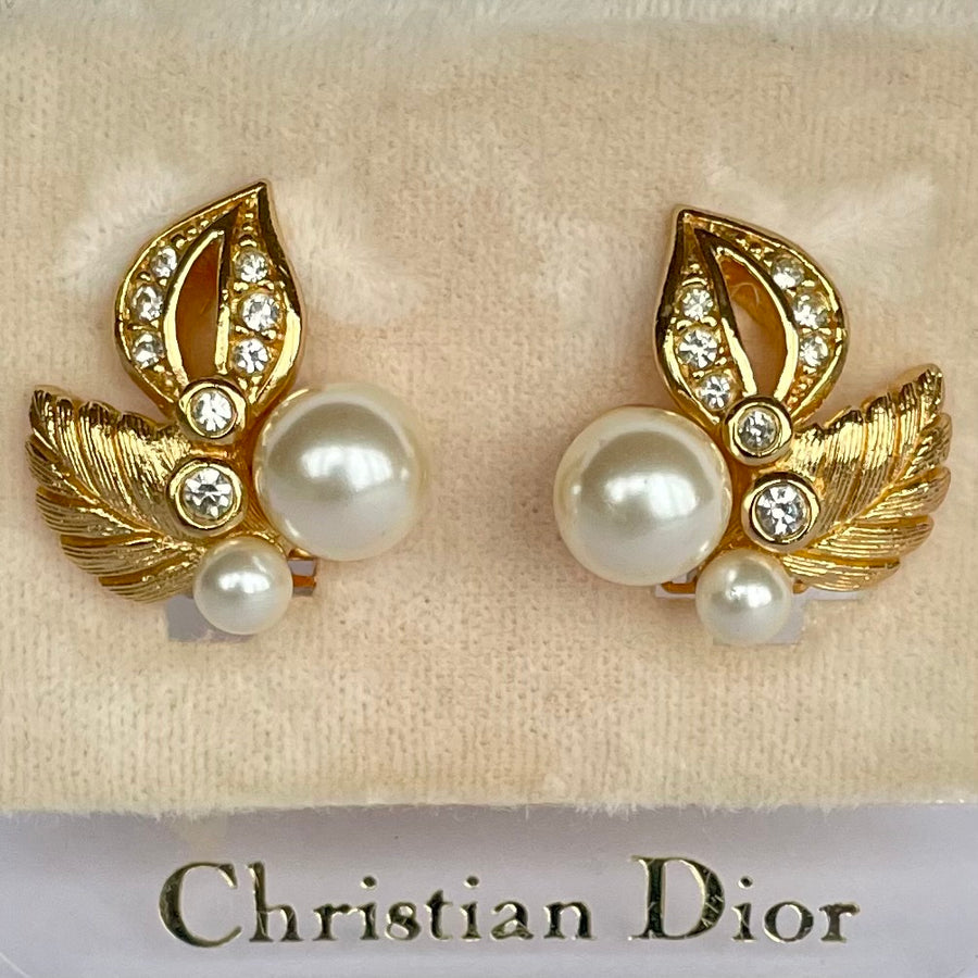 Vintage Christian Dior Gold-Plated Leaf and Pearl Clip Earrings, 1980s, Unworn on Original Card