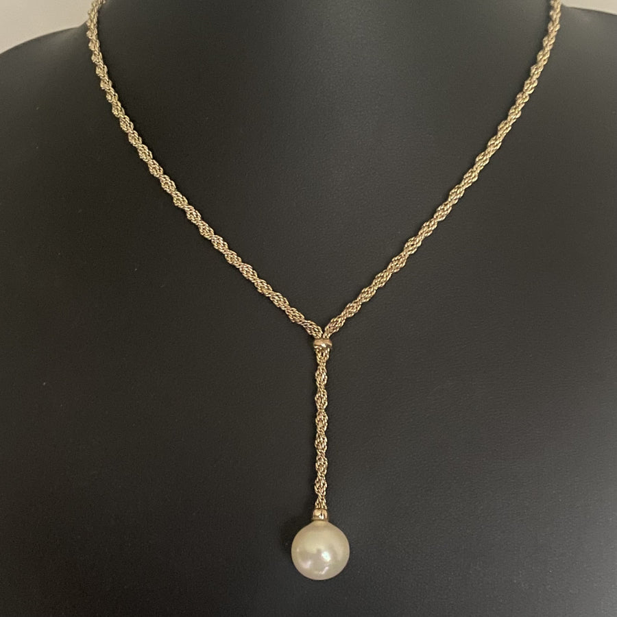 Vintage Christian Dior Twisted Rope Lariat Necklace with Pearl Drop