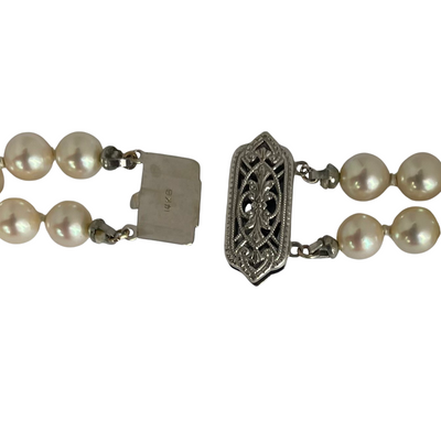 Vintage Double Strand Cultured Pearl Necklace with Edwardian-Revival Style Clasp