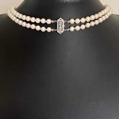 Vintage Double Strand Cultured Pearl Necklace with Edwardian-Revival Style Clasp