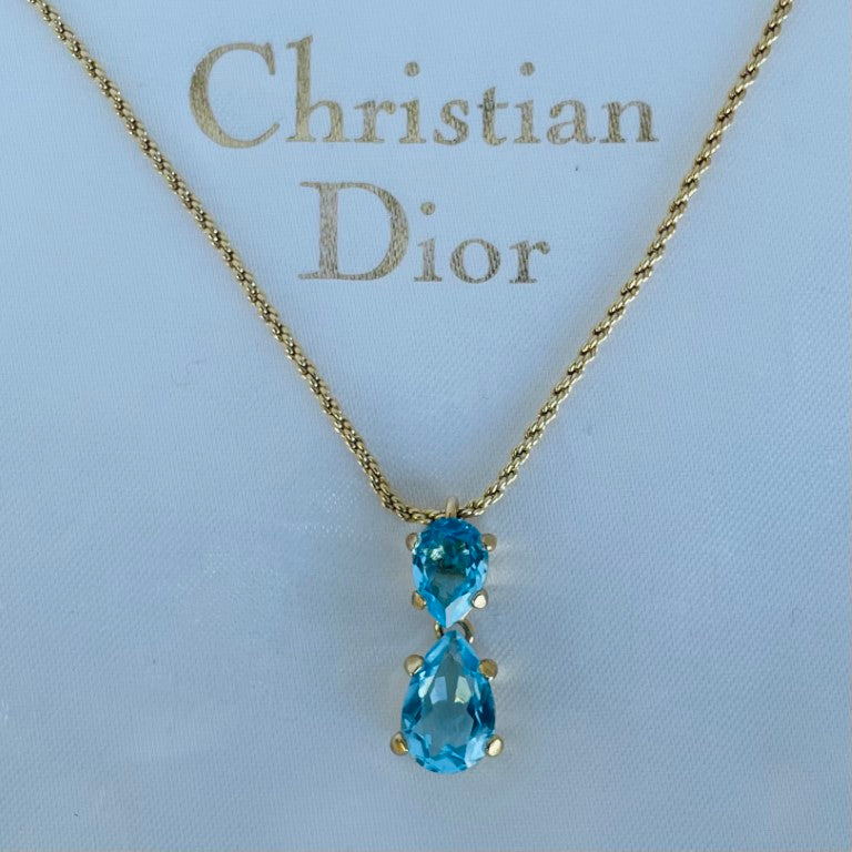 Vintage Christian Dior Gold-Plated Necklace with Aquamarine/Blue Topaz Crystal Drop